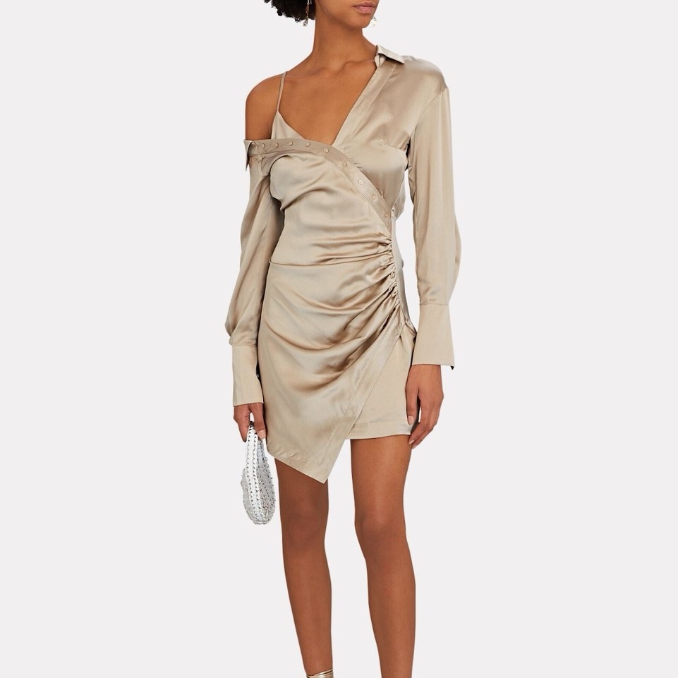 Silk Asymmetric Ruched Mini Dress - Beige